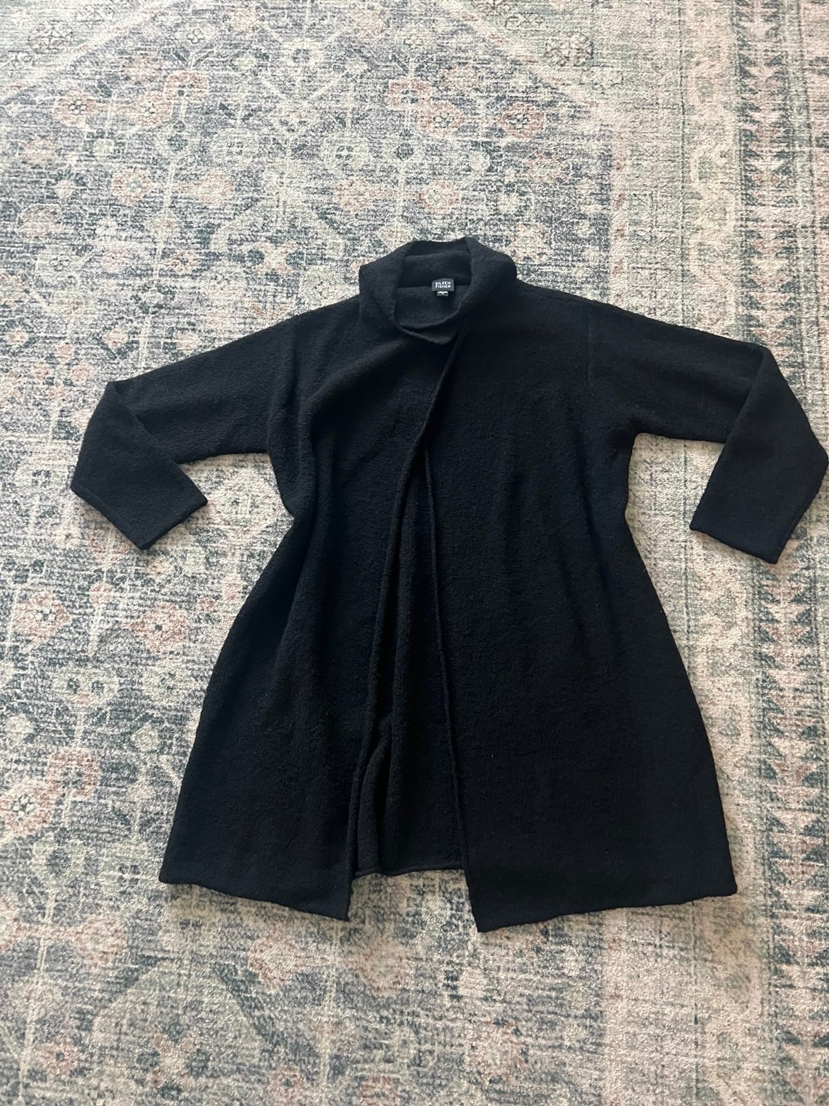 Eileen Fisher black cowl neck open front wool long sweater jacket S