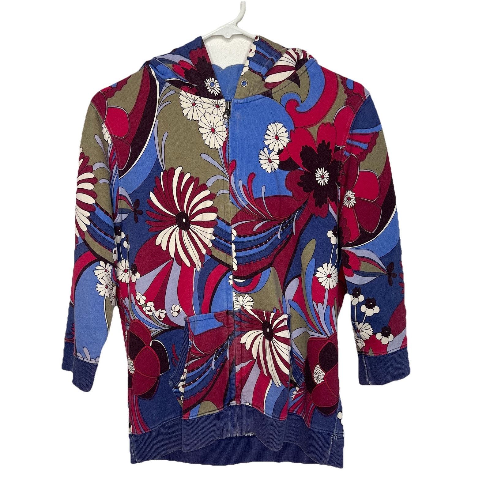 Vintage Y2K Medium Floral Lucky Brand Full Zip 3/4 Sleeve Boho Hoodie Jacket X11
