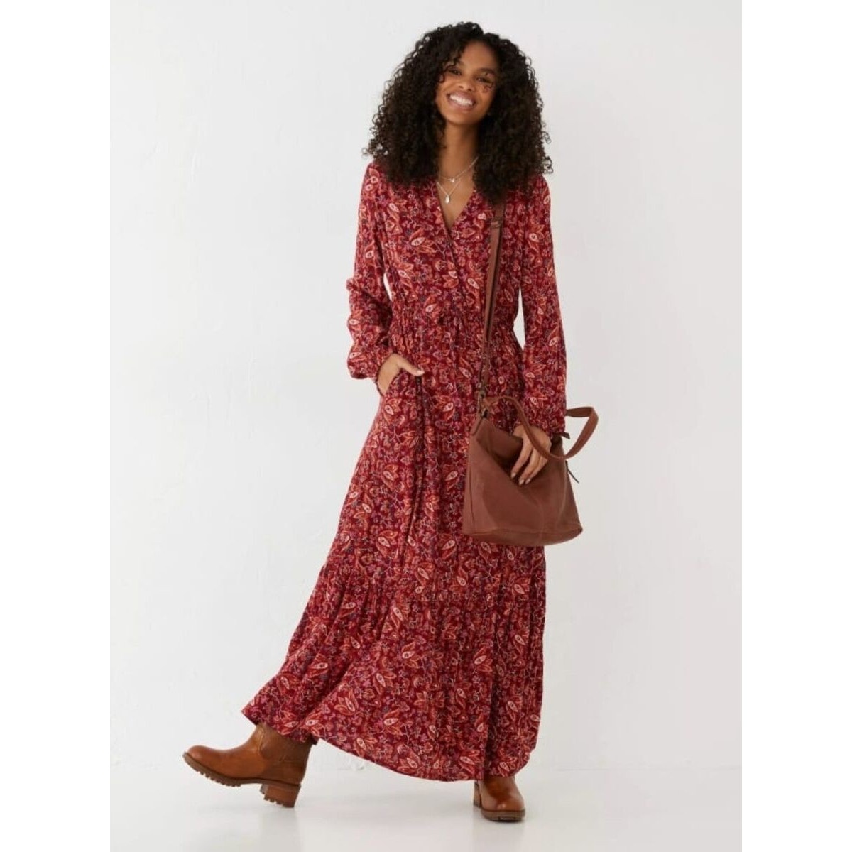 Fat Face FatFace Red Joyce Floral Maxi Dress long sleeved V neck size 20