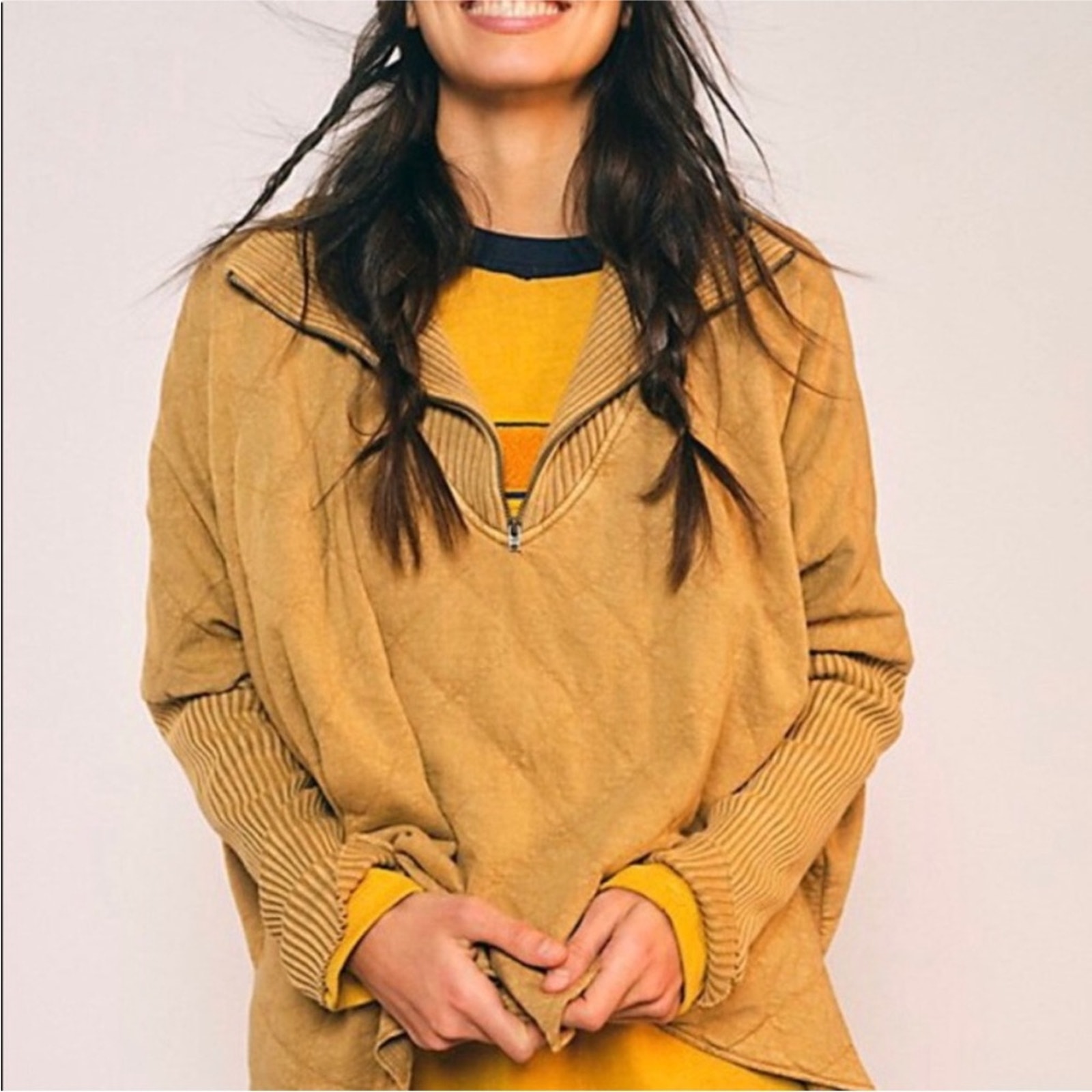 Free People One Shiloh Slouchy Oversized Sweatshirt Pullover Quilted Yellow