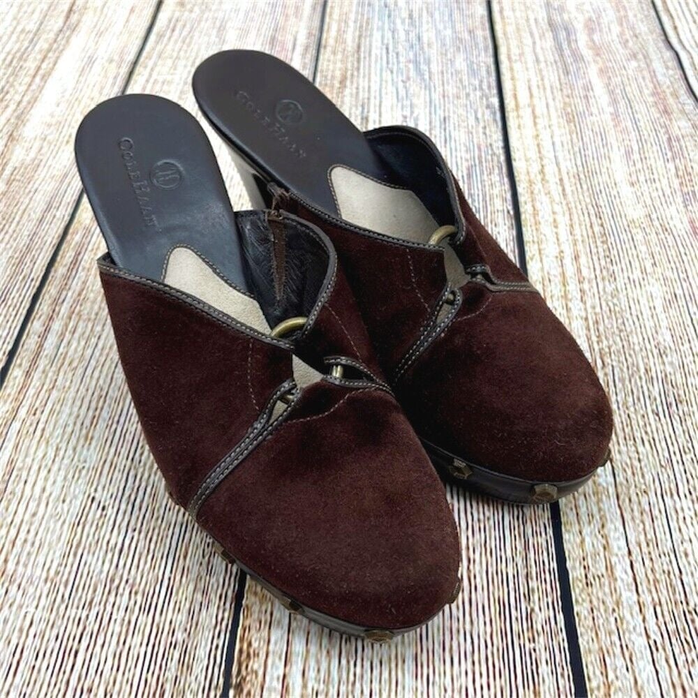 Cole Haan Kenna Women's Size 6 Brown Suede Studded Heeled Platform Mules