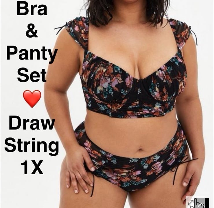 Torrid Ruched Mesh Cap Sleeve Underwire Bra and panty set drawstring 1X