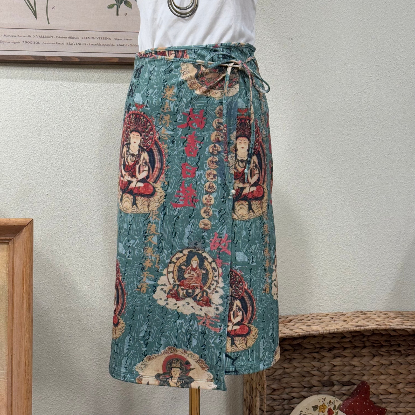 Vintage 90s Y2k Vol 1 Buddha Asian Inspired Print Tie Wrap Skirt Hippie Rare S