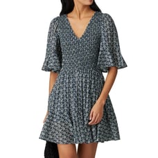 La Vie Rebecca Taylor Petula Smocked Dress Women Large Blue Short Flutter Sleeve
