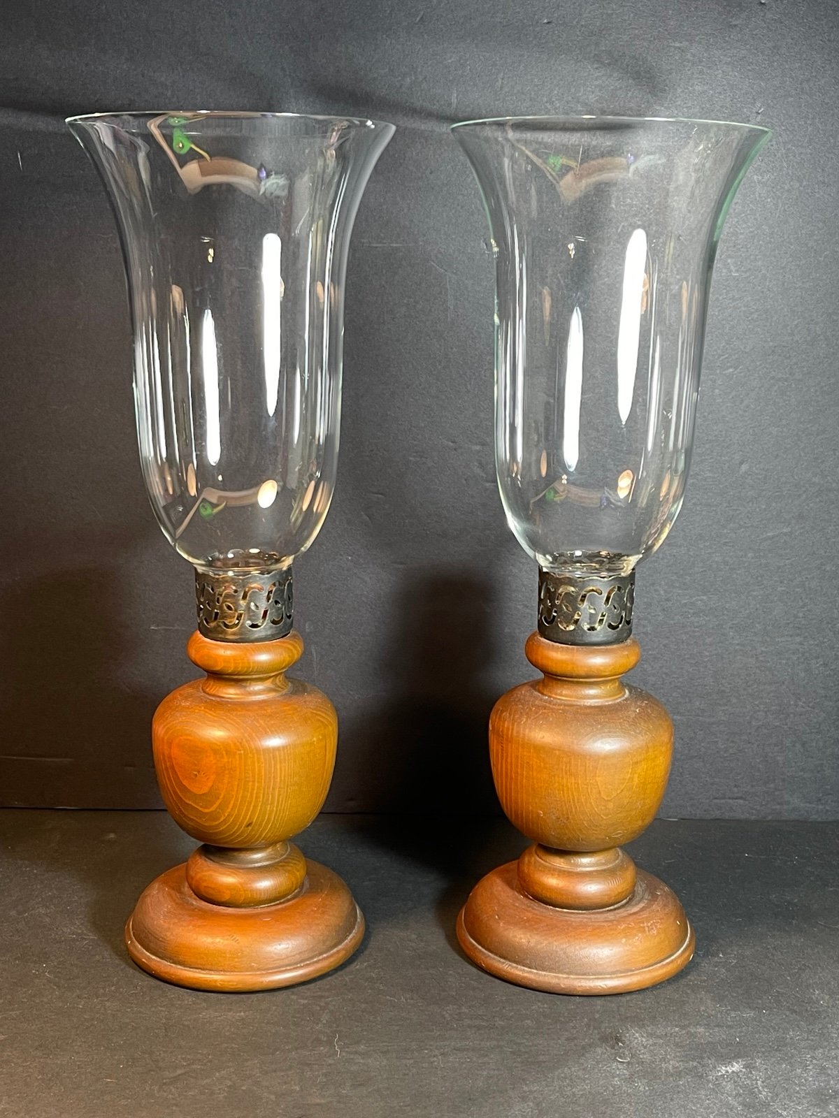 Set Of 2 Vtg Candle Hurricane Style Wood Frame Glass Shade & Brass Fitting