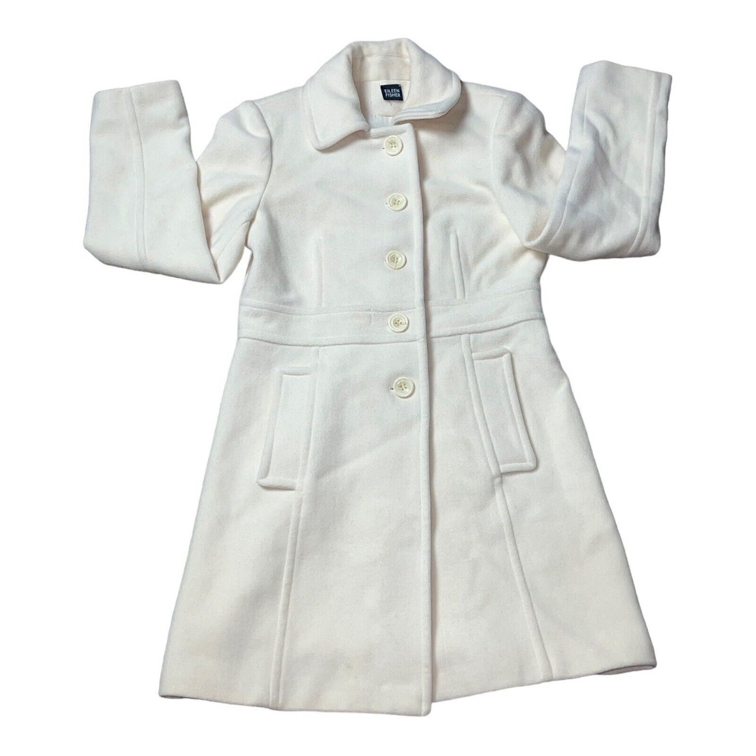 Eileen Fisher Womens Small Wool Single Breasted Trench Coat Cream Lined Pockets