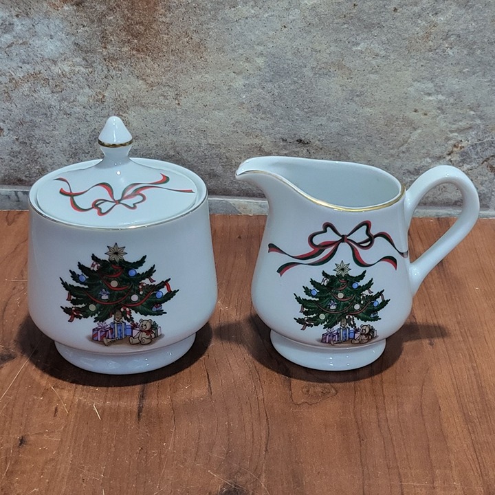 Christmas Tree & Ribbon Covered Sugar Bowl & Creamer Japan