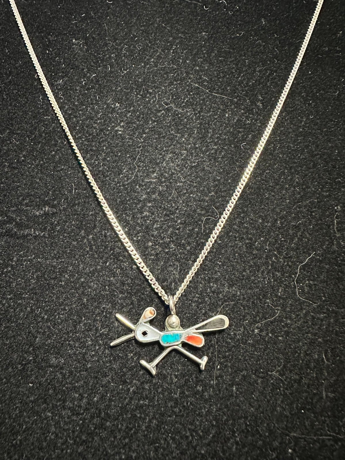 Vintage Zuni inlay roadrunner pendant necklace