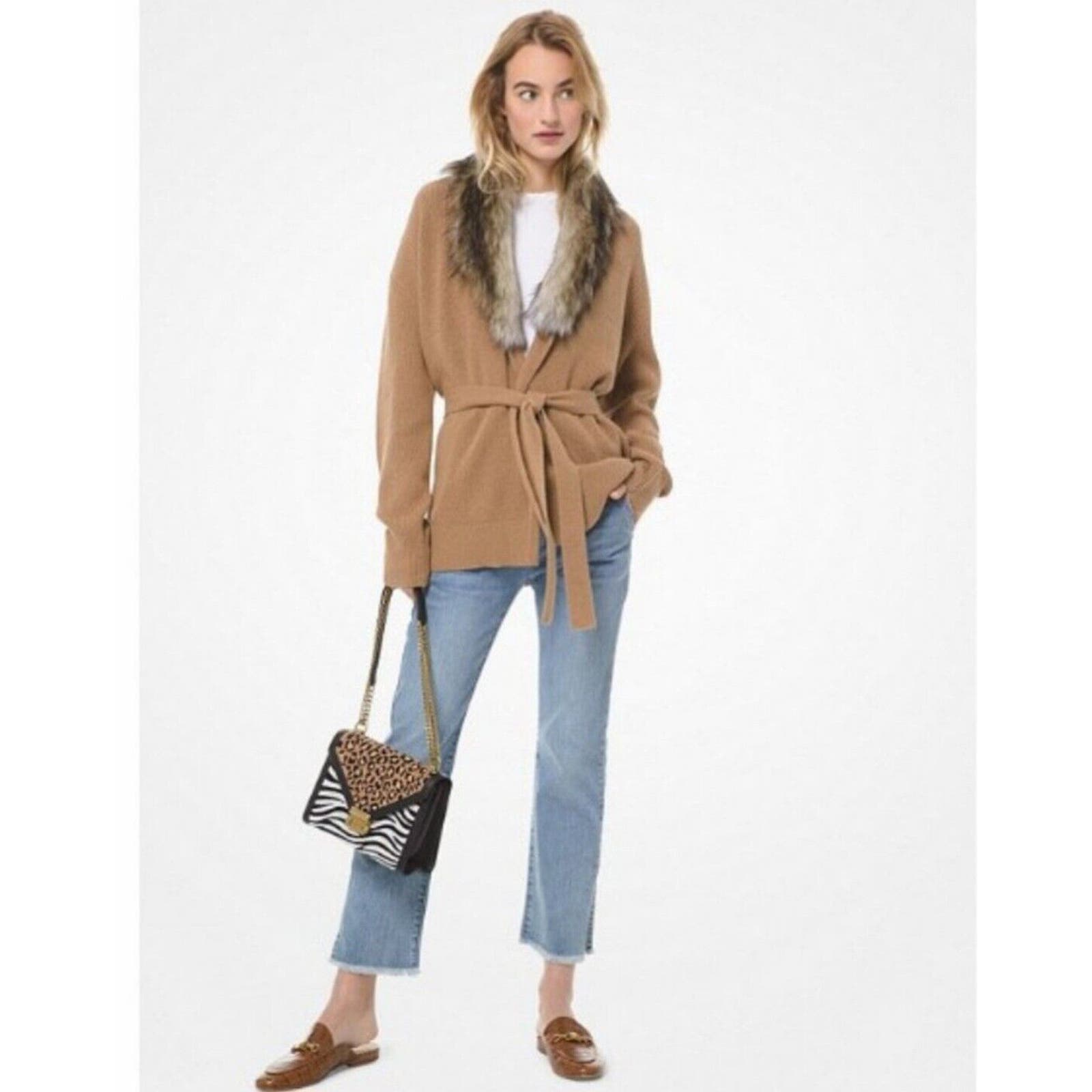 MICHAEL Kors Faux Fur Collar Trim Cotton Blend Cardigan In Dark Camal Size XS