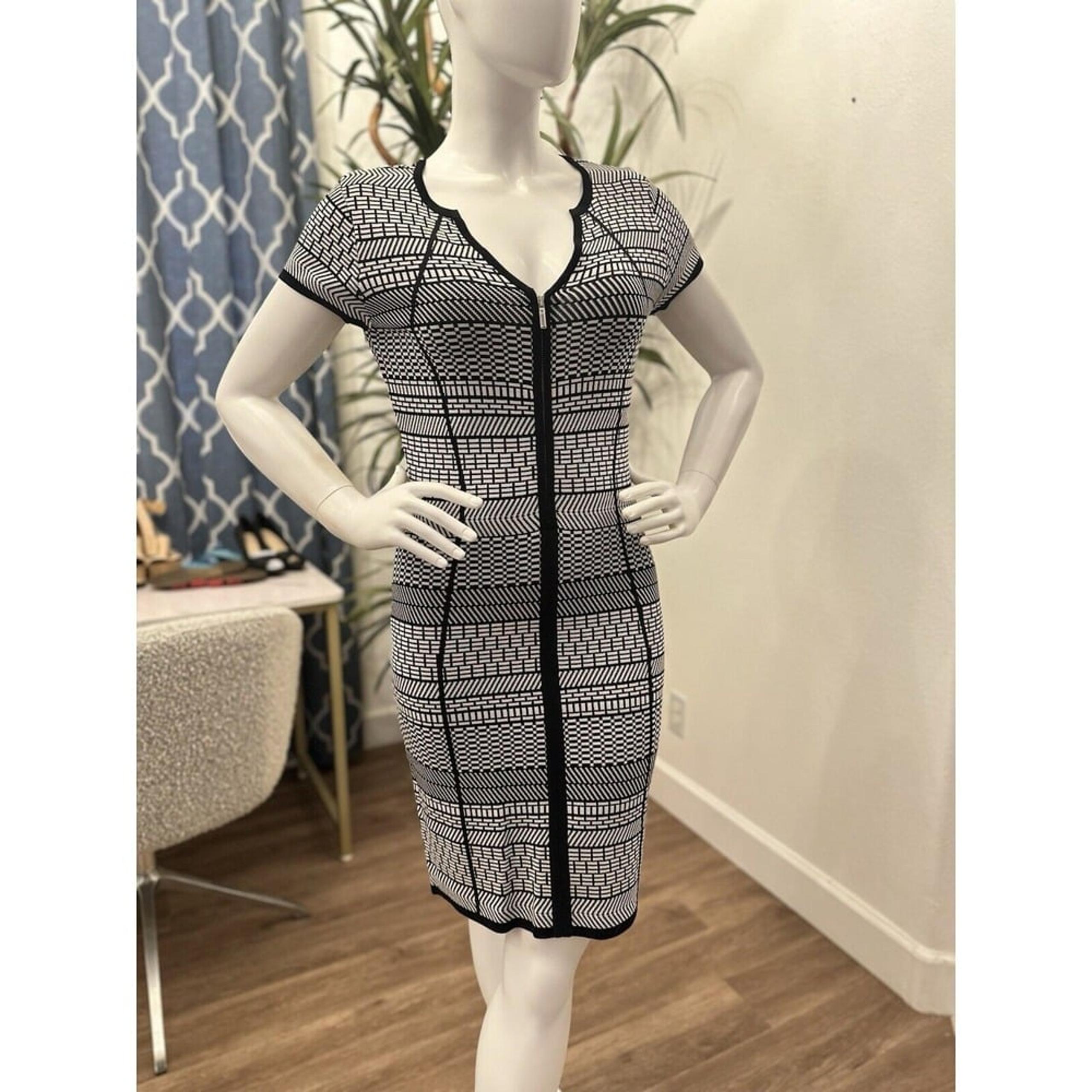 NEW CACHE Sheath Dress Women L 8/10 Black White Stretch Full Zip Front Bodycon