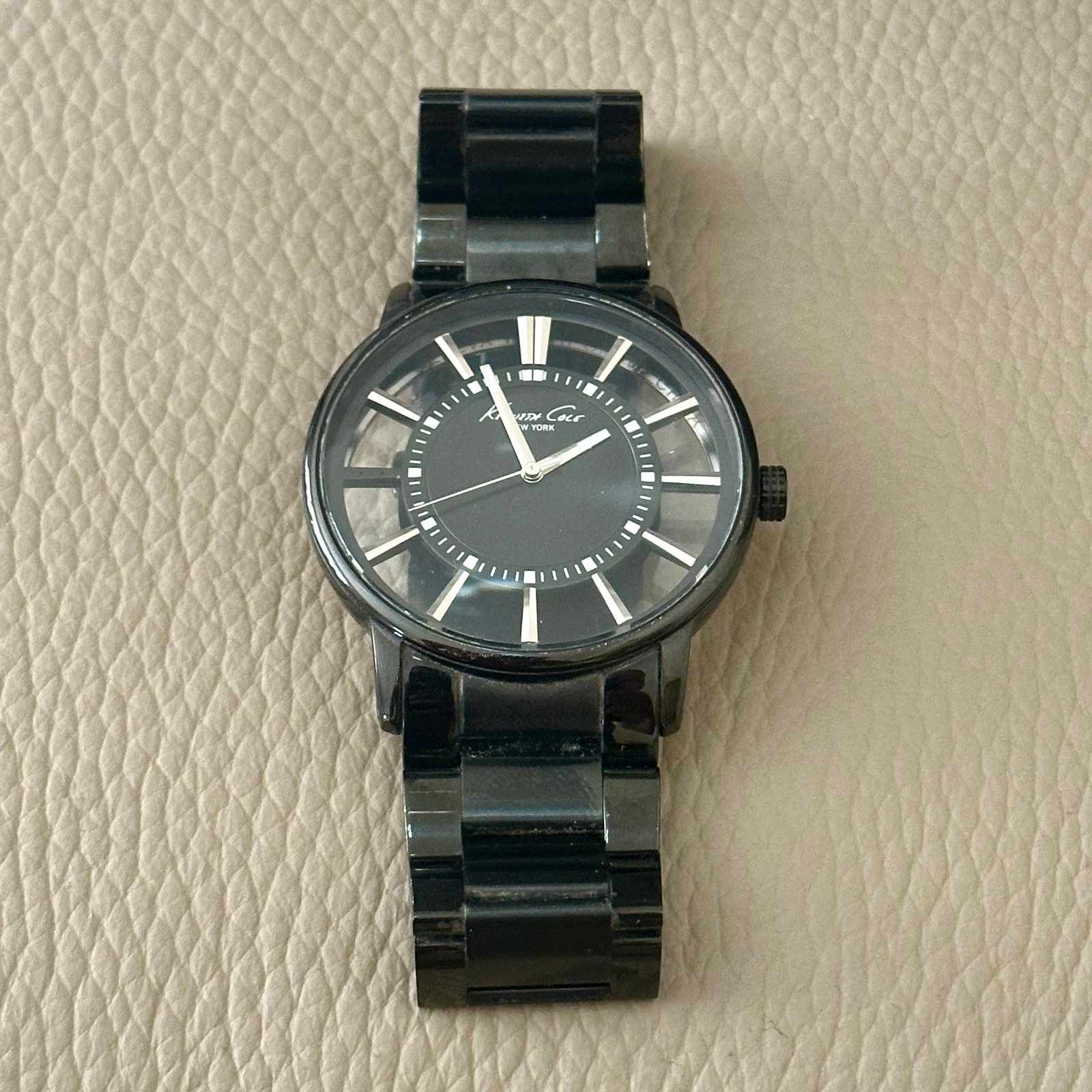 KENNETH COLE MENS TRANSPARENCY BLACK TONE SEE THRU DIAL WATCH NEW BATTERY KC3994