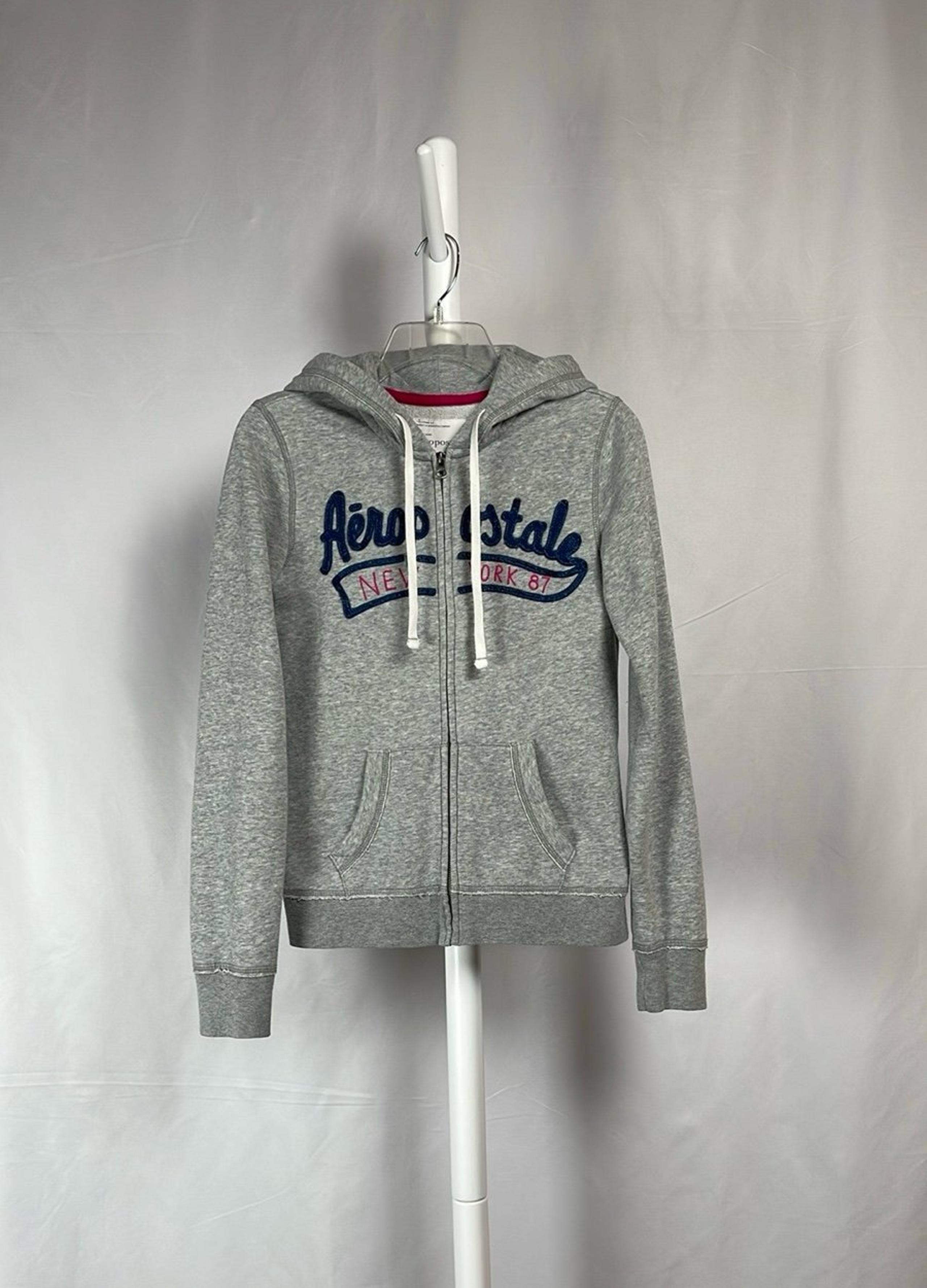 Aeropostale Gray Zip Up Logo Hoodie Stretch Fleece Heather Sweatshirt Juniors S