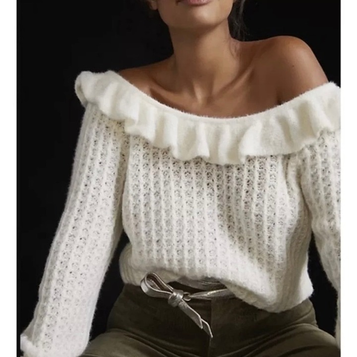 NEW Anthropologie Ruffled Boat Neckline Wool-Blend Sweater Ivory Size L