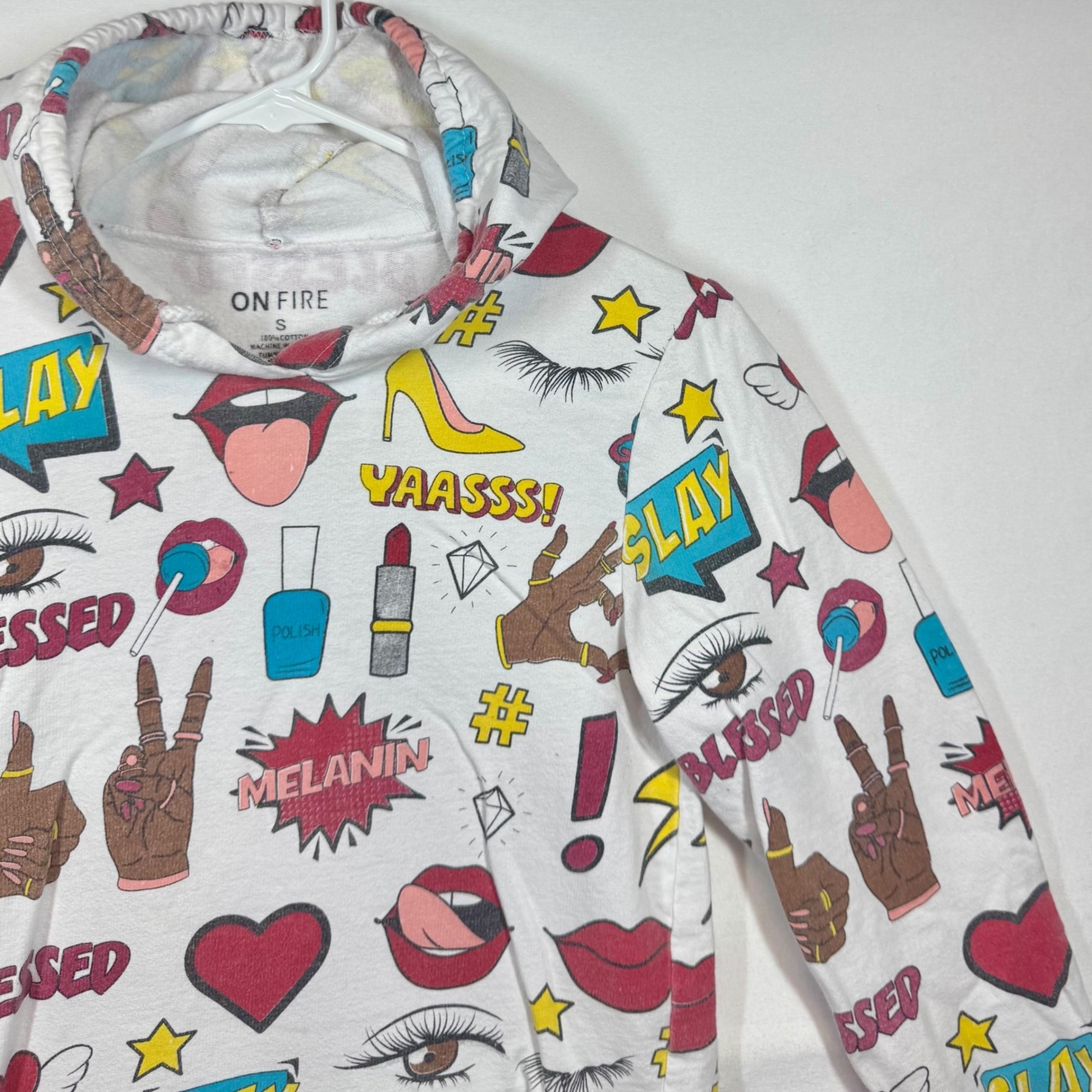 On Fire Graphic Print Pullover Hoodie Fun Design Long Sleeve Top Sz Small