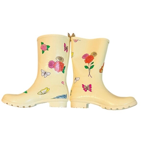 Disney Limited Edition Hidden Mickey Floral & Butterfly Yellow Rain Boots Size 7