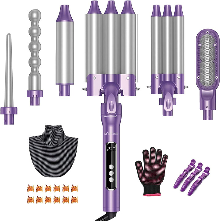 Beach Wave Hair Curling Iron Wand, Lyealion 6 in 1 Curling Iron Set with 2 * 3