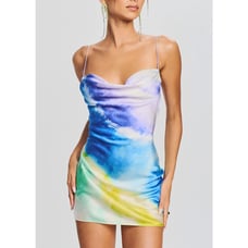 Retrofete Rylynn Satin Mini Dress Blue Tie Dye Draped Silk Sleeveless Sz M