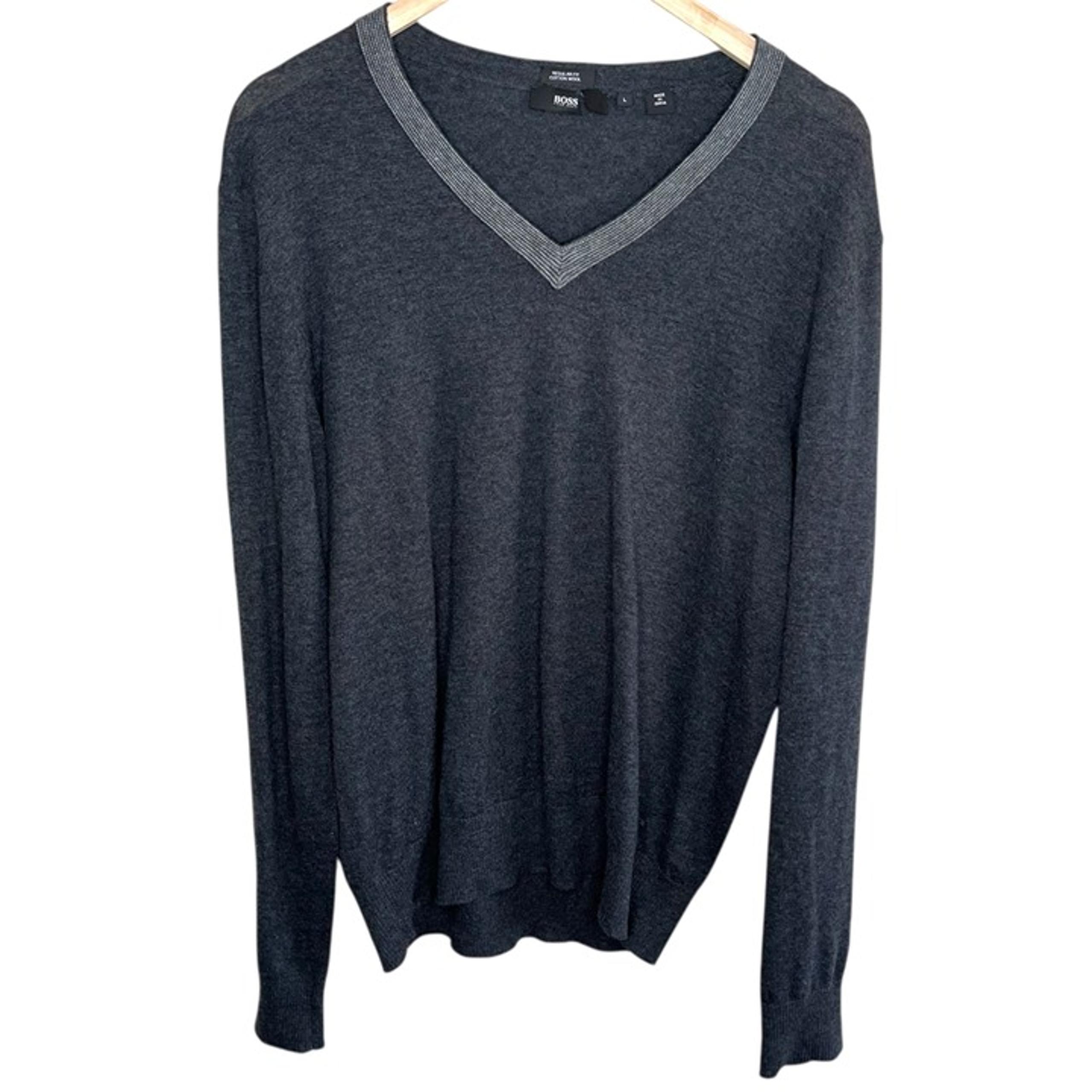 Boss Hugo Boss Mens Dark Gray V-Neck Cotton Wool Blend Pull Over Sweater Large