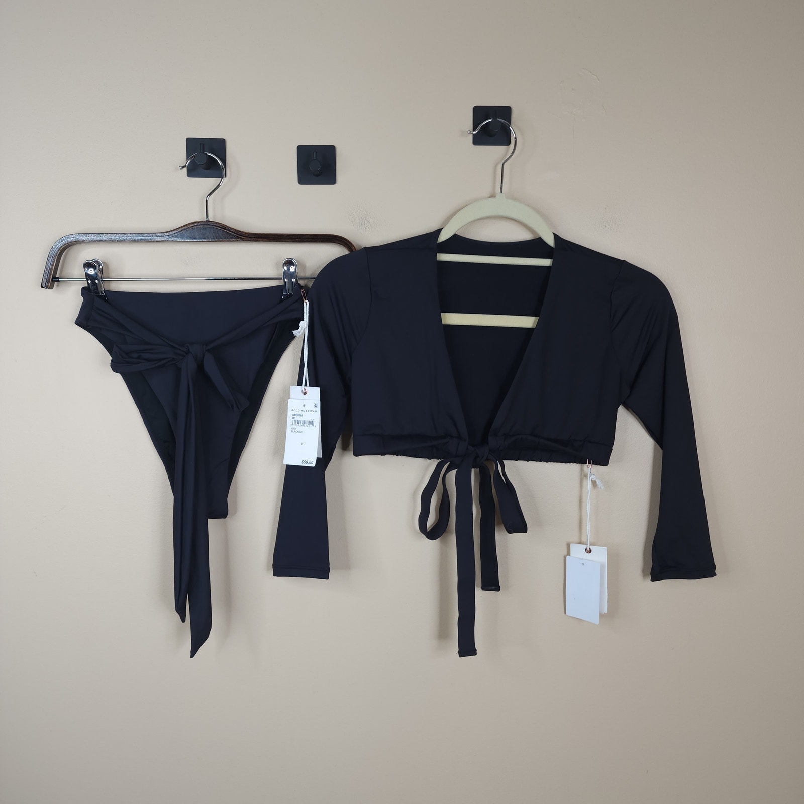 Good American Black Long Sleeve Top Tie Waist Bikini Bottom Size 0/XS