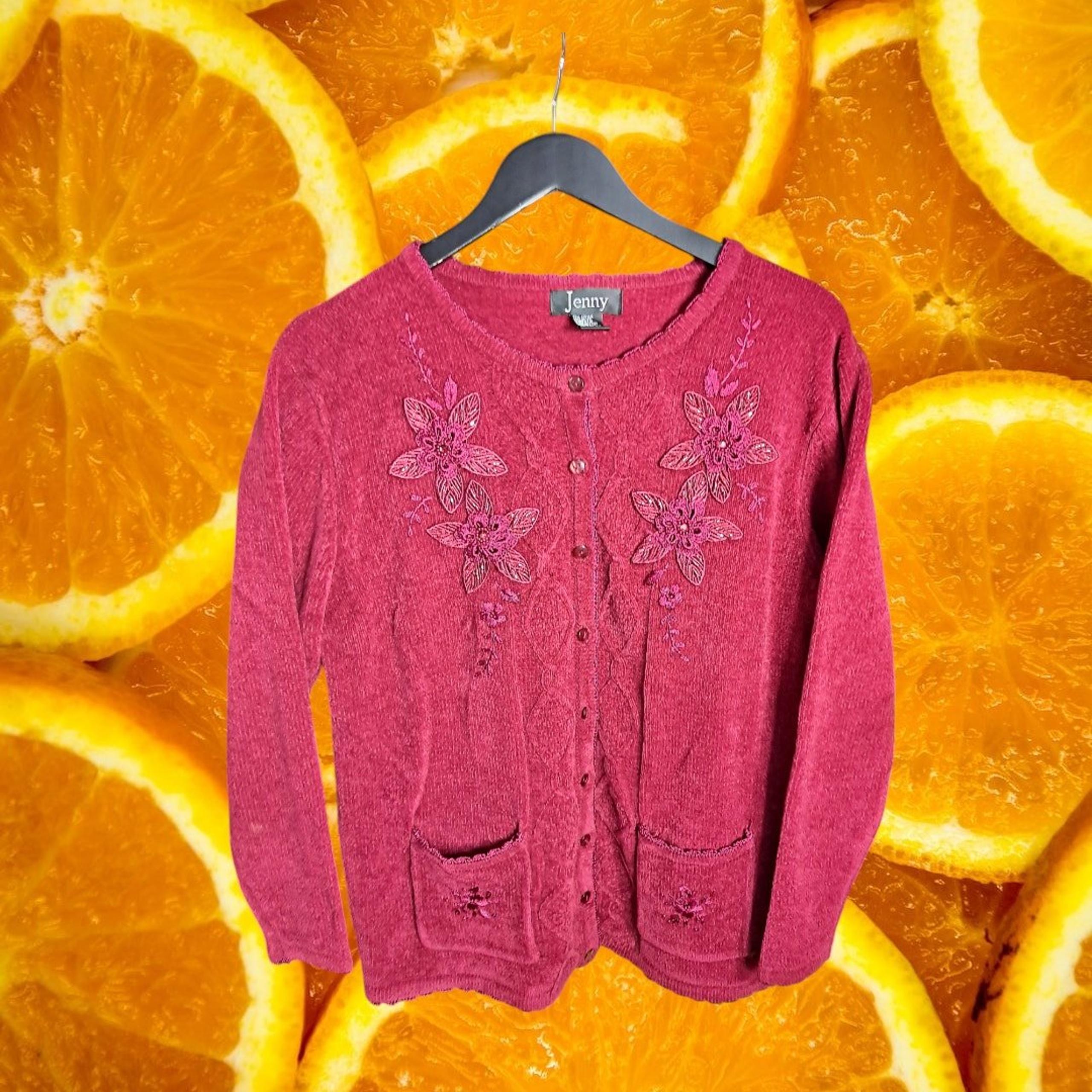 Jenny Red Acrylic Blend Floral Beaded Embroidered Button-Up Cardigan Size L