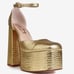 Platform high heels . Ankles straps gold crocodile pu.