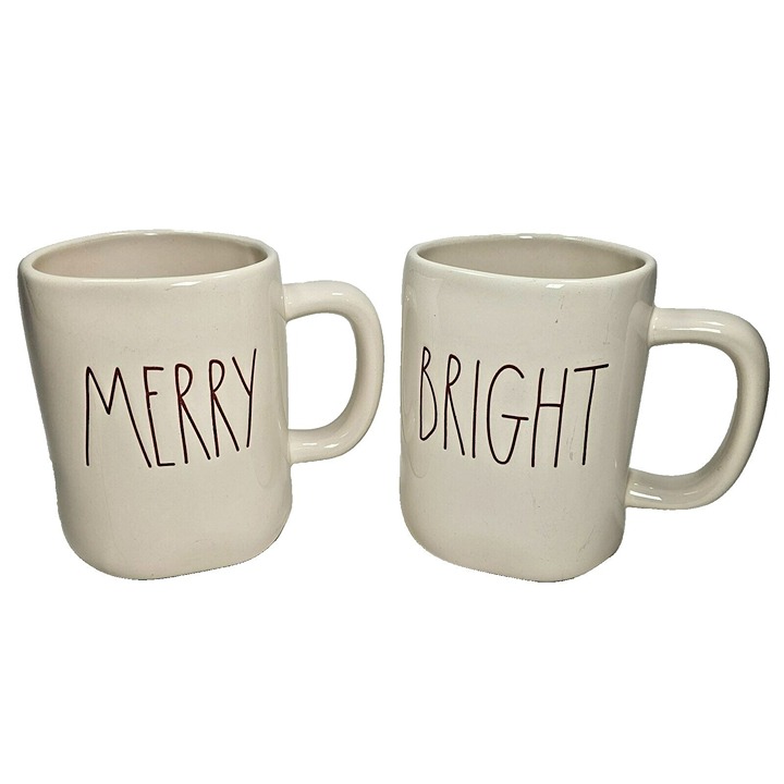 Merry & Bright Set of 2 Rae Dunn Coffee Mugs Cups Artisan Collection Christmas