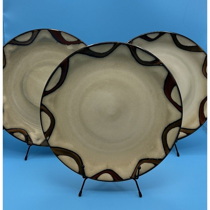 Pier 1 Brown Wave 11”Stoneware Heavy Plates Dinner Imports Set Of 3 Replacement