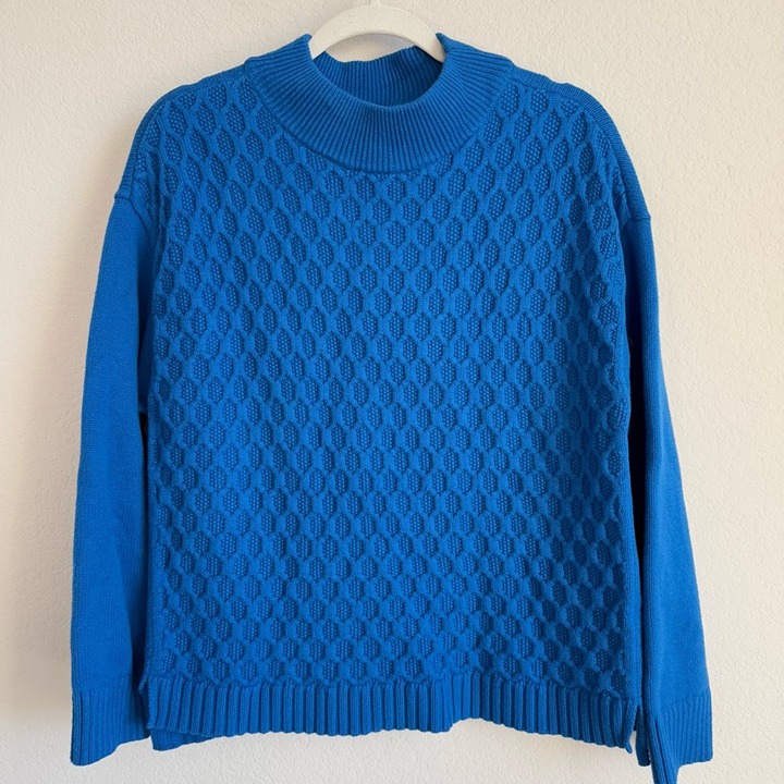 Talbots Women’s Honeycomb Knit Sweater Mock Neck Pullover Blue Size XL Cotton