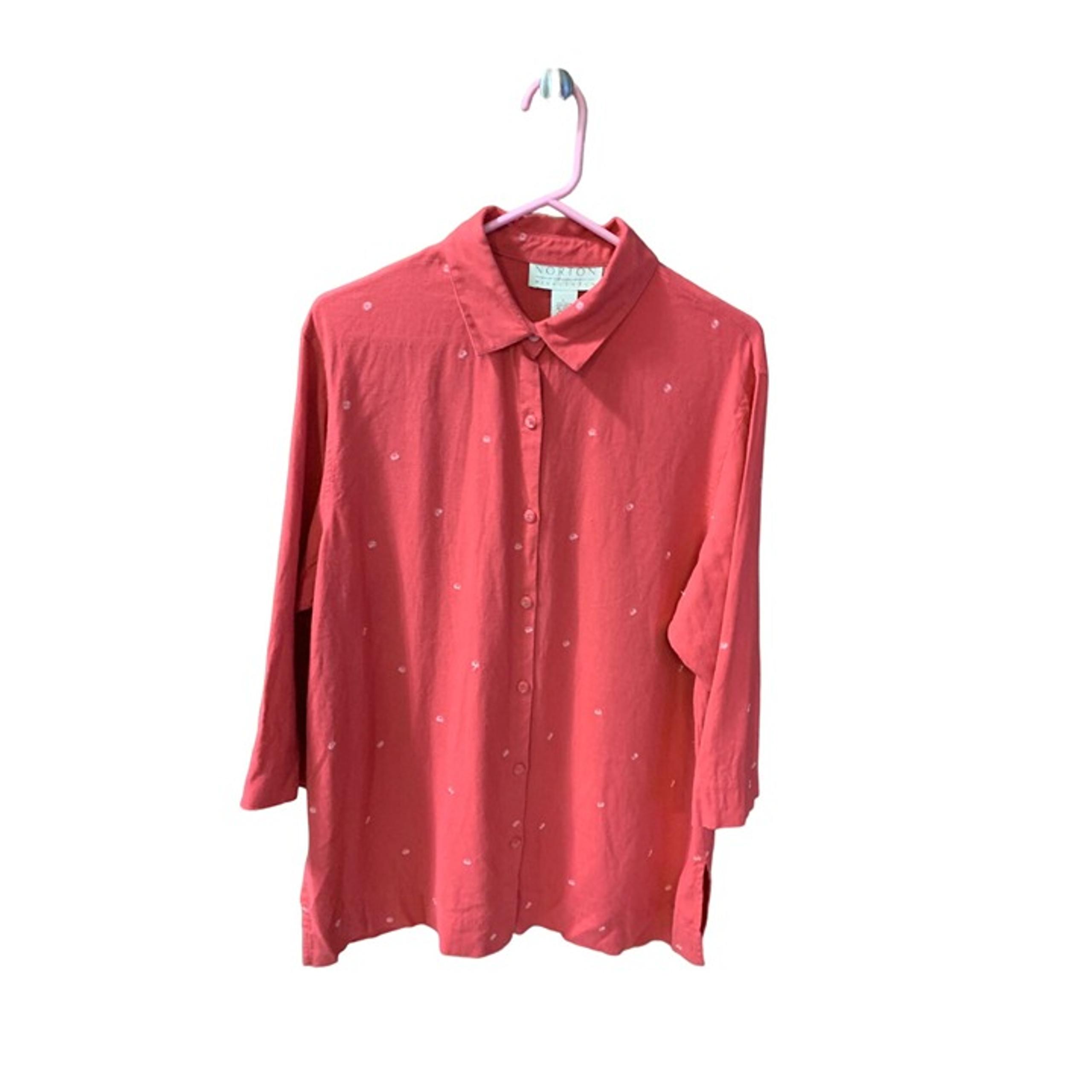 Norton McNaughton Womens Size Large Linen 3/4 Sleeve Button Up Shirt Top Embroid