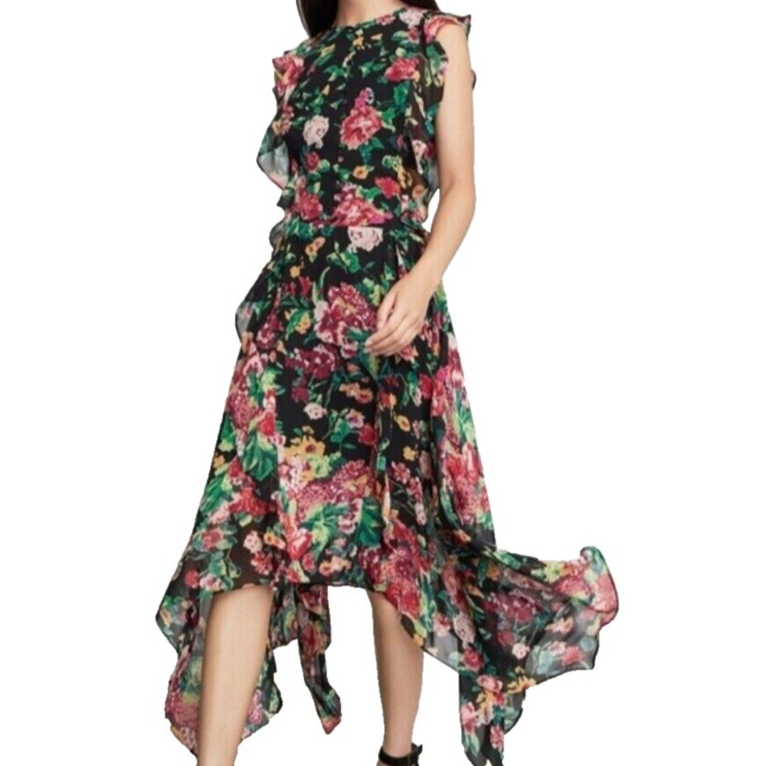 BCBGMAXAZRIA Womens Floral Ruffled Asymmetric Hem Midi Dress Size 0