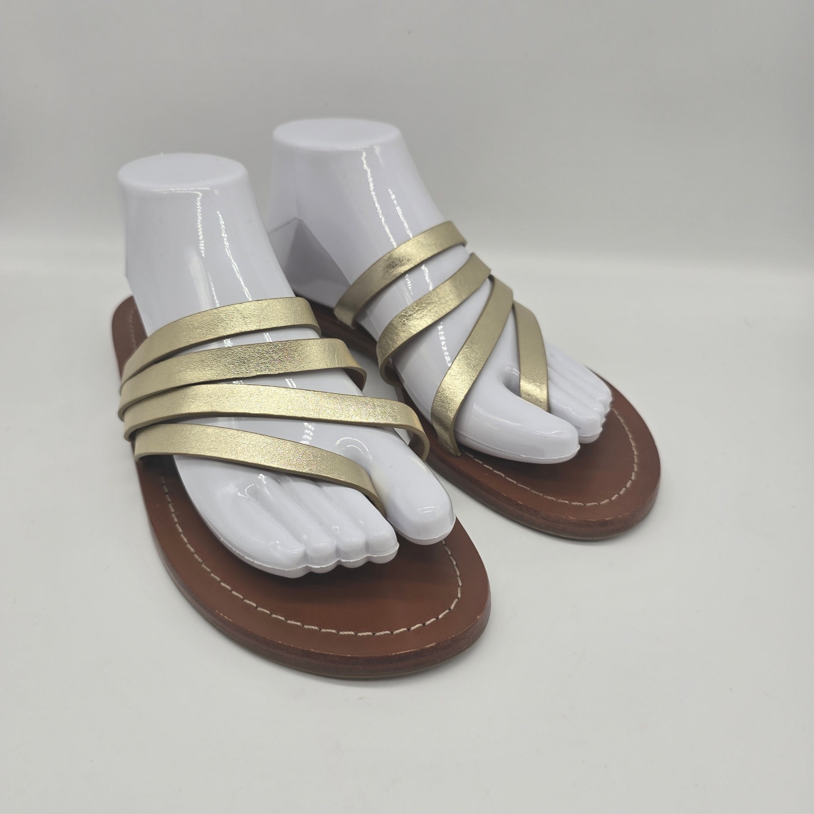 Tory Burch Patos Metallic Strappy Toe Loop Flat Sandals Slip on Gold Size 10M