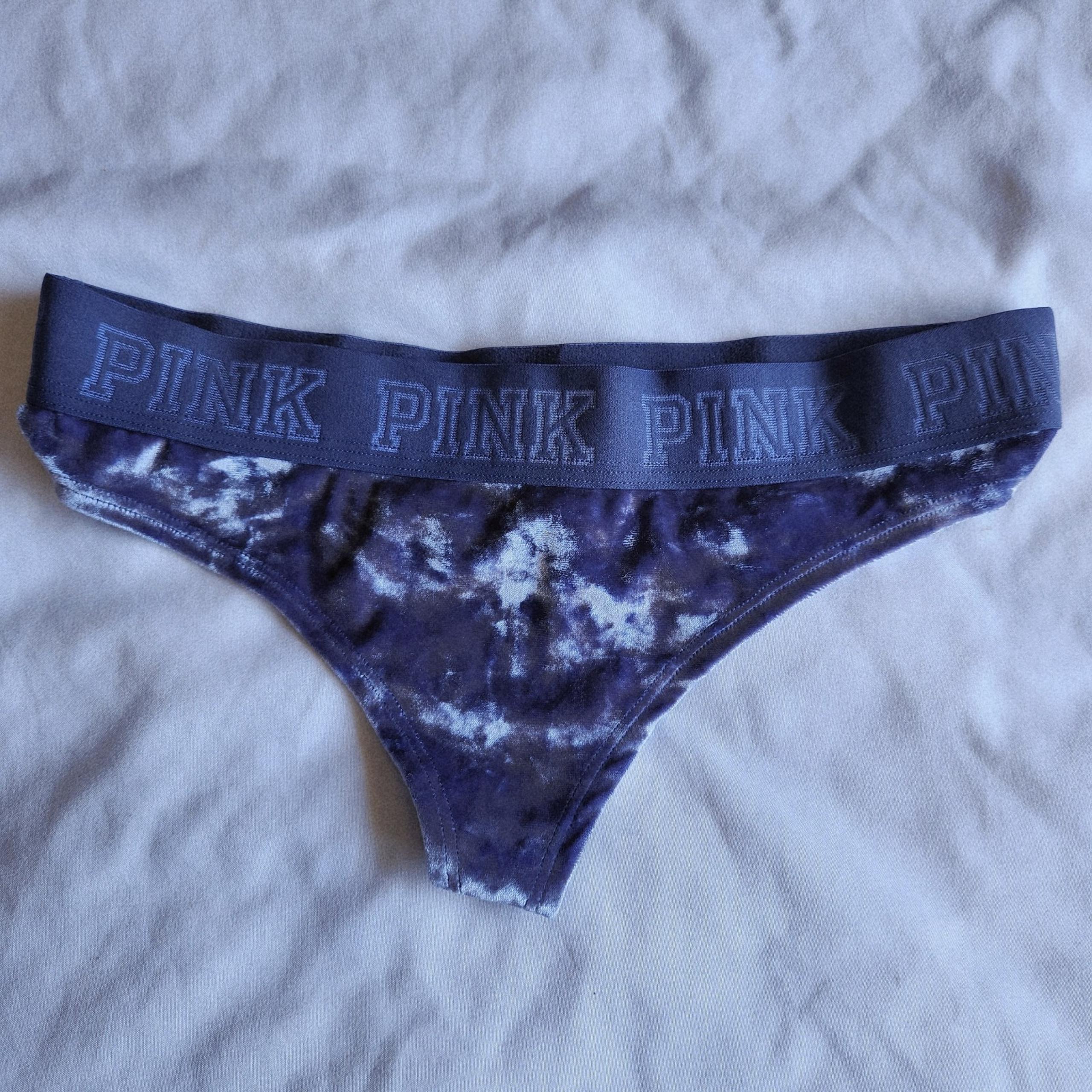 Victoria's Secret PINK Navy Blue SM Crushed Velvet Velour Mesh Thong Panties NWT