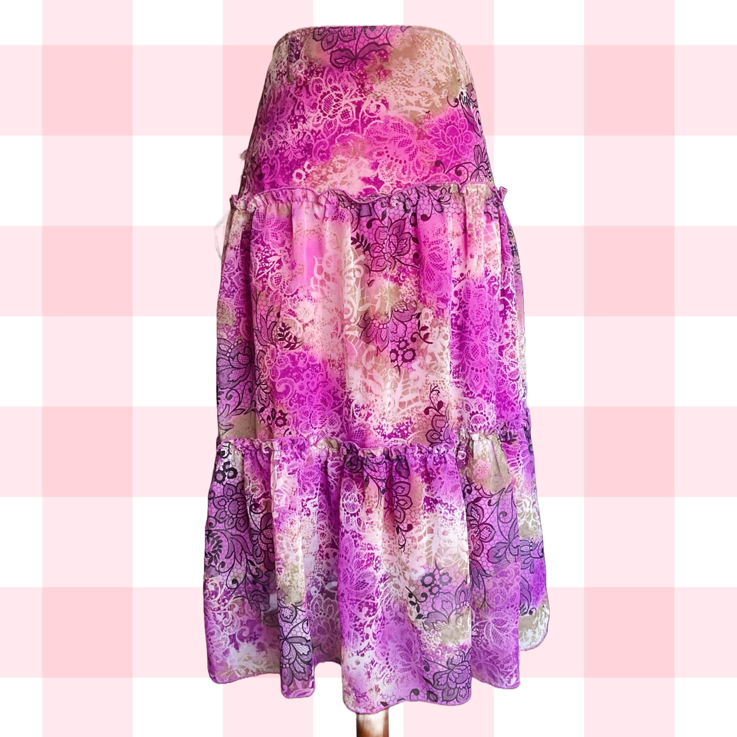 Pink and purple floral tiered midi skirt with elastic waistband #fairycore #cott