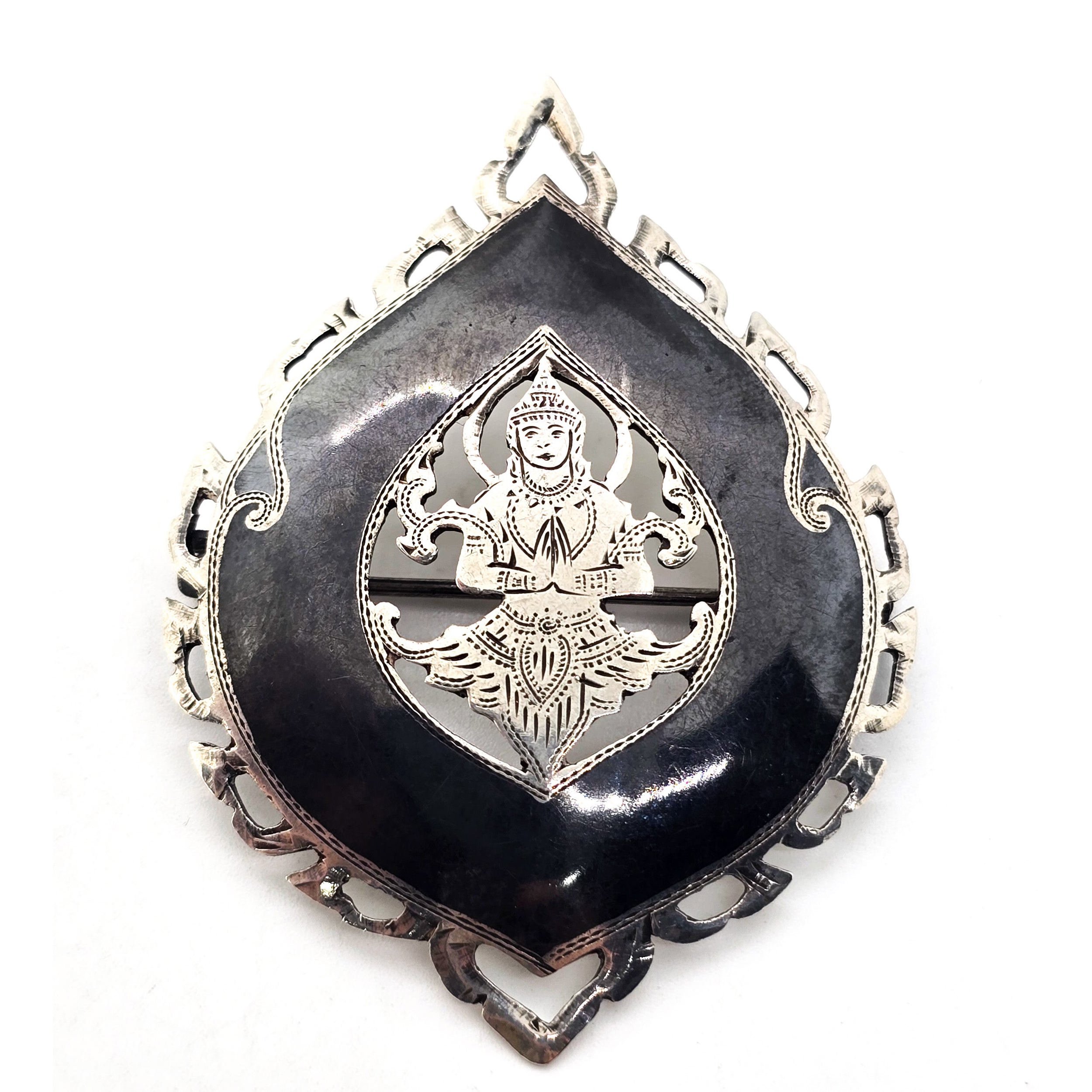 SYKHA Siam nielloware black sterling silver vintage flame brooch 925