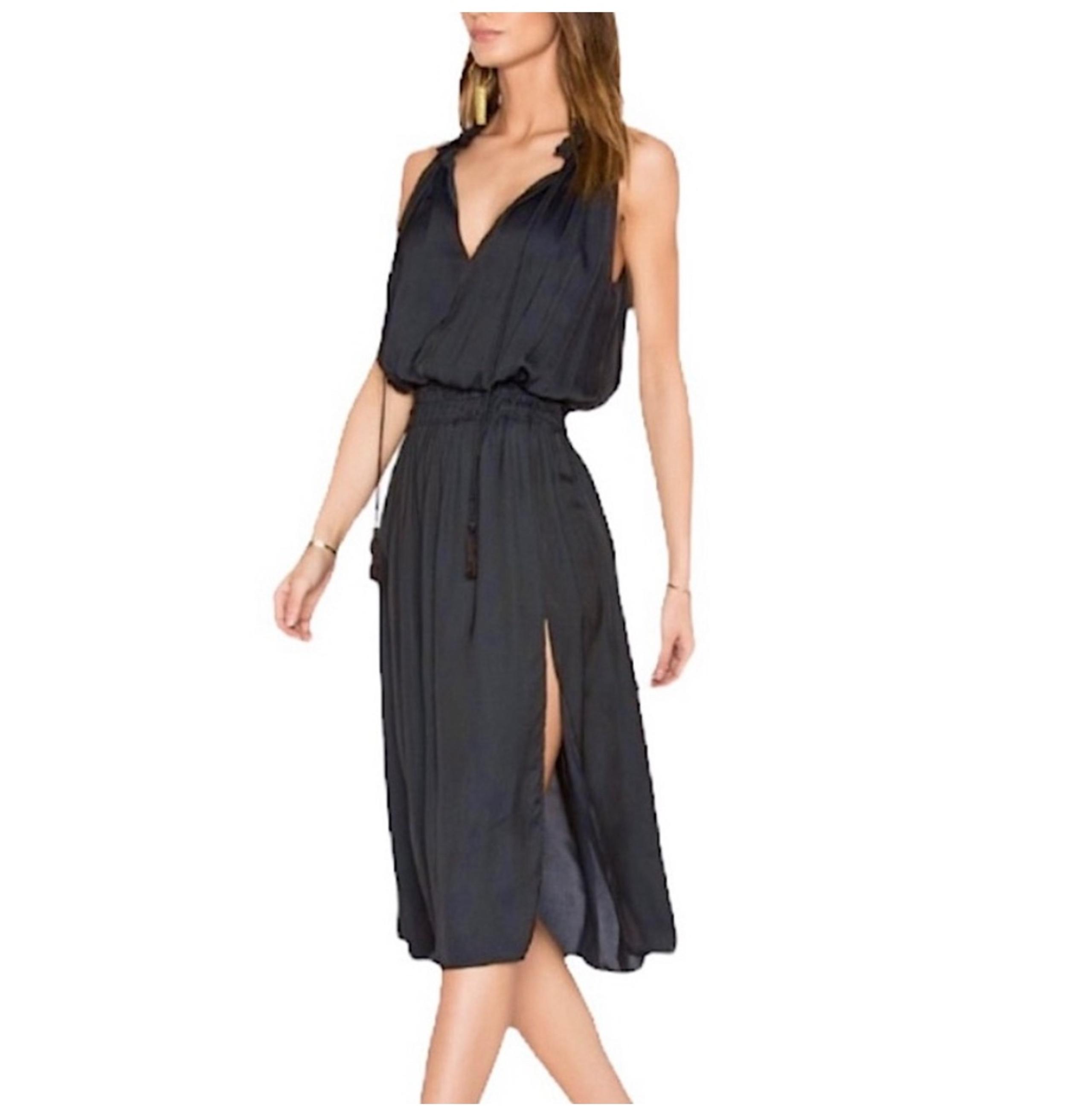 Dolce Vita Jonah ruffle split neck tassel smocked waist side slit midi dress M