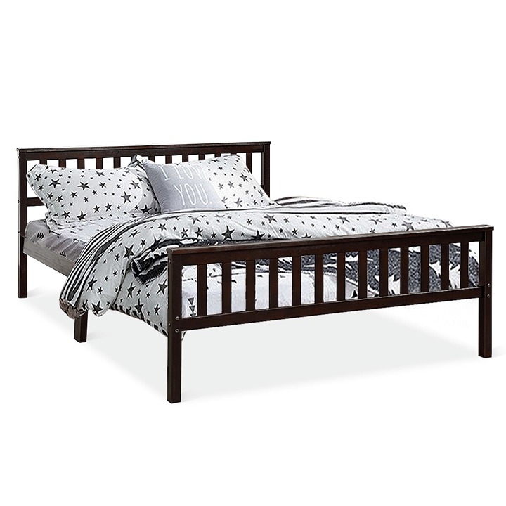 Wood Bed Frame Wood Slats Support Platform W/ Headboard &Footboard Queen Size