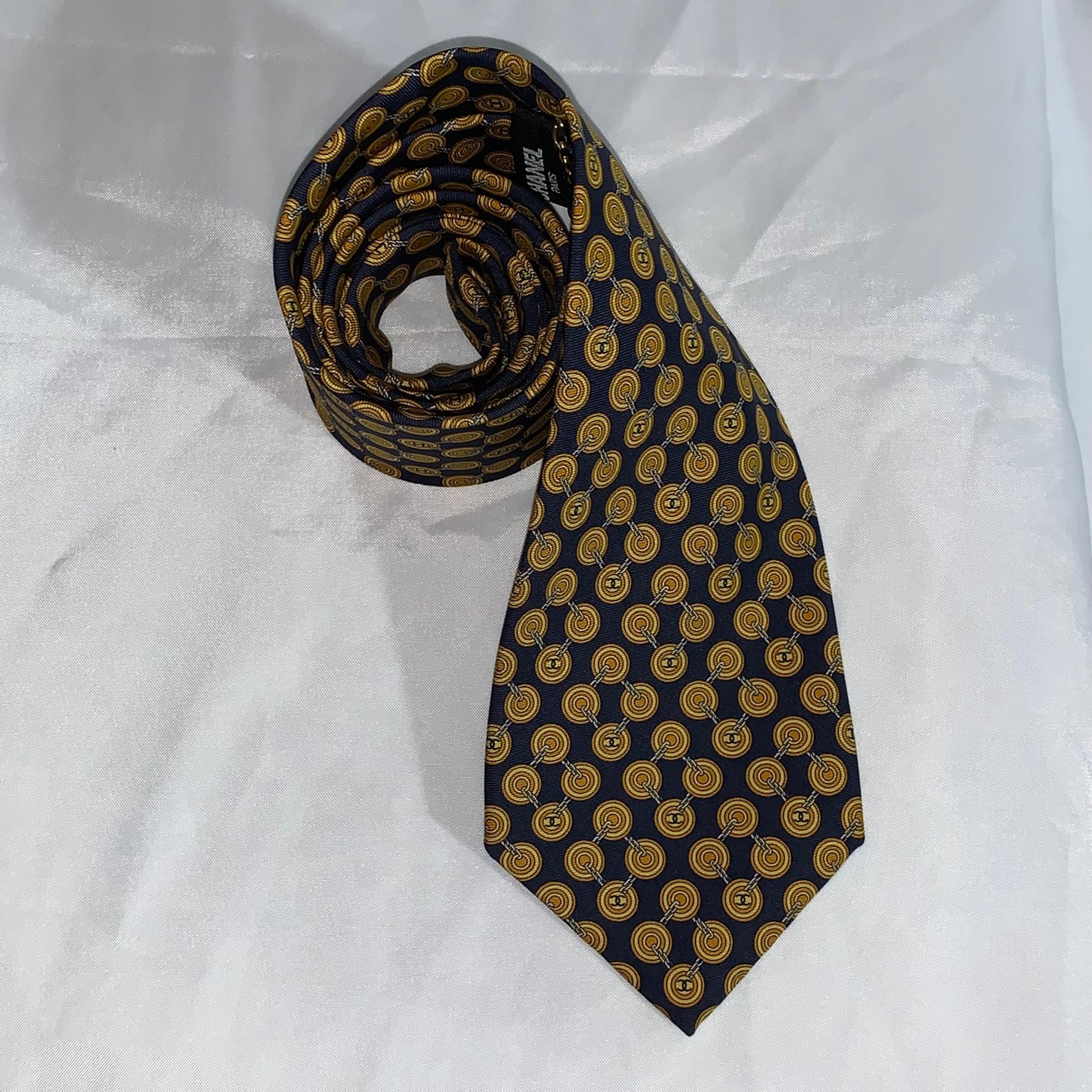 CHANEL navy blue SILK necktie CC logo CUFFLINK print cravat tie