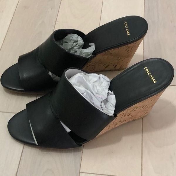 Cole Haan Women's Acoma Cork Wedge Slip-On Sandals Black Size 8.5B