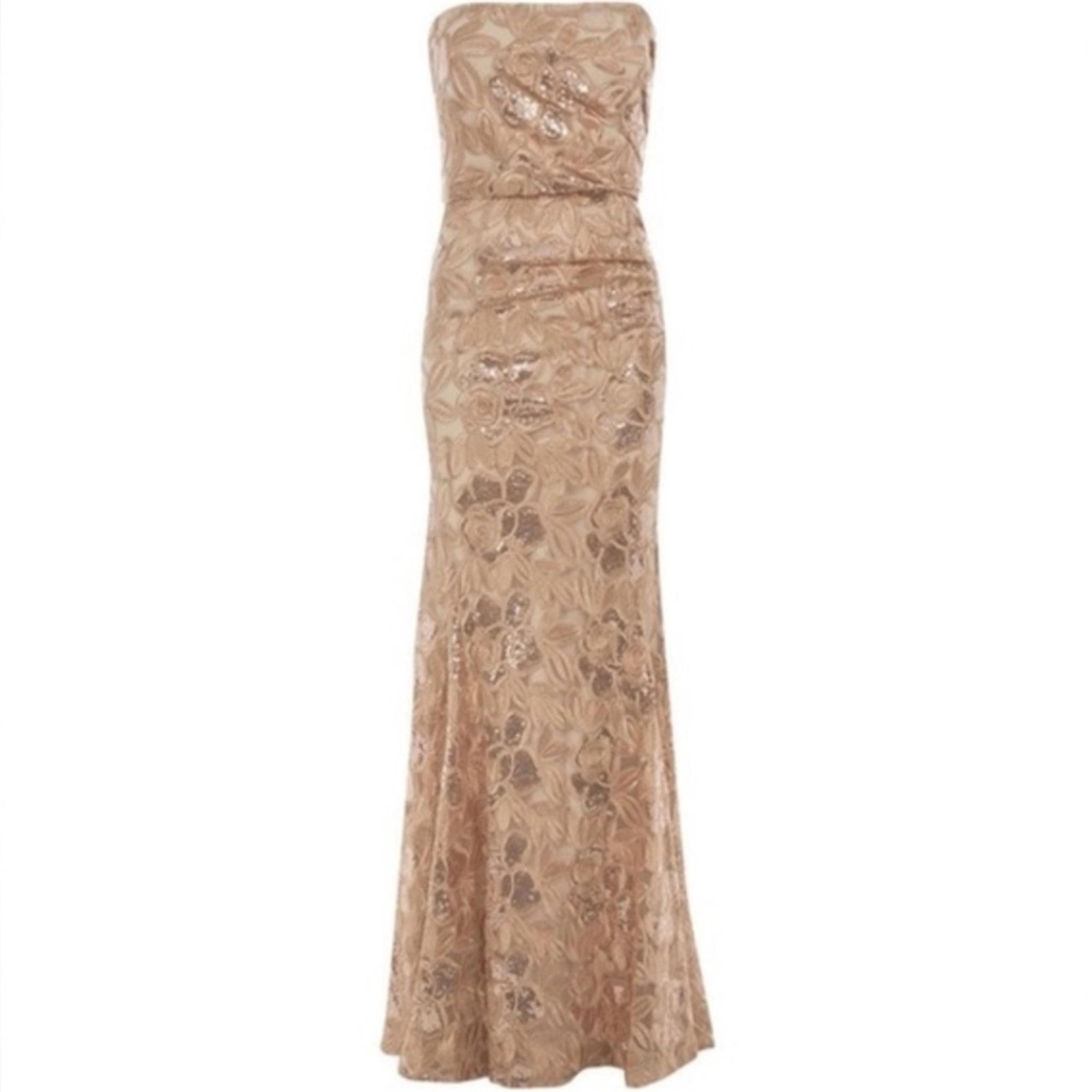 Badgley Mischka Gold Floral Embroidered Strapless Mermaid Gown