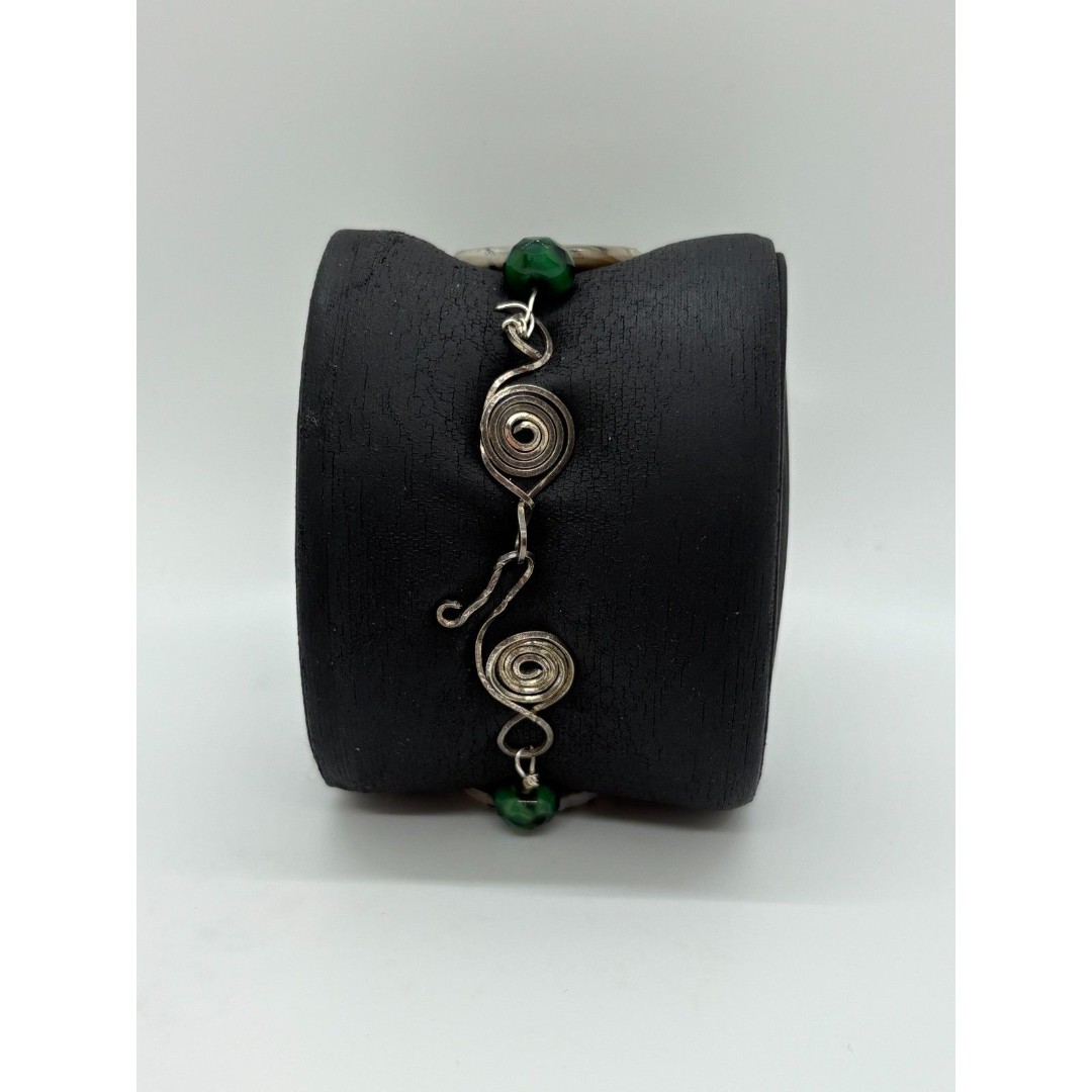 Sterling Silver Link Bracelet with Green & Gray Stones Art Deco Modernist Style