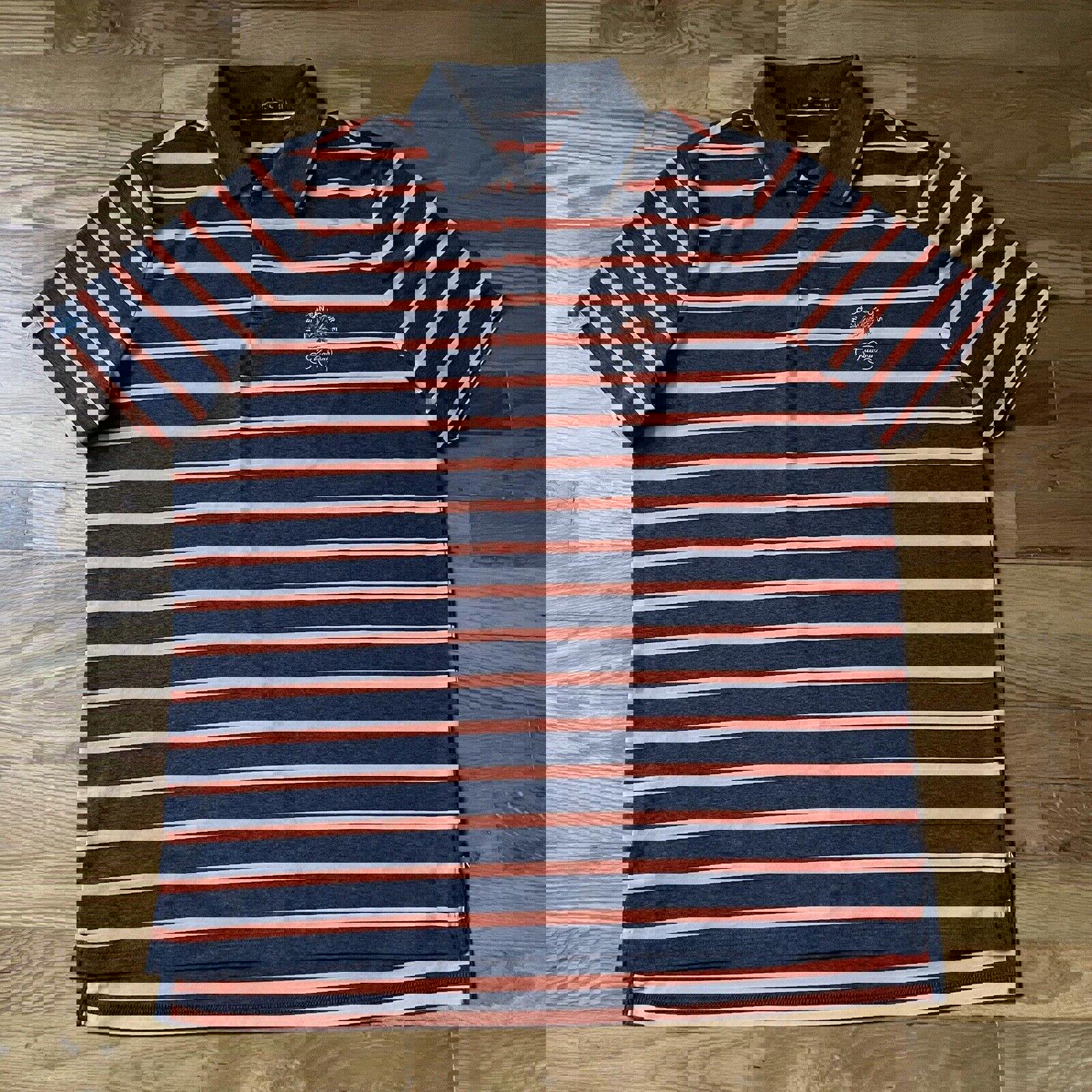 RLX Shirt Men Large Orange Black S/S Polo Striped The Ocean Course Kiawah Golf