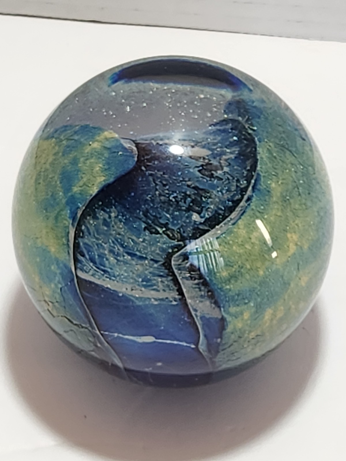 Blue/green glitter Eickholt art Glass Paperweight