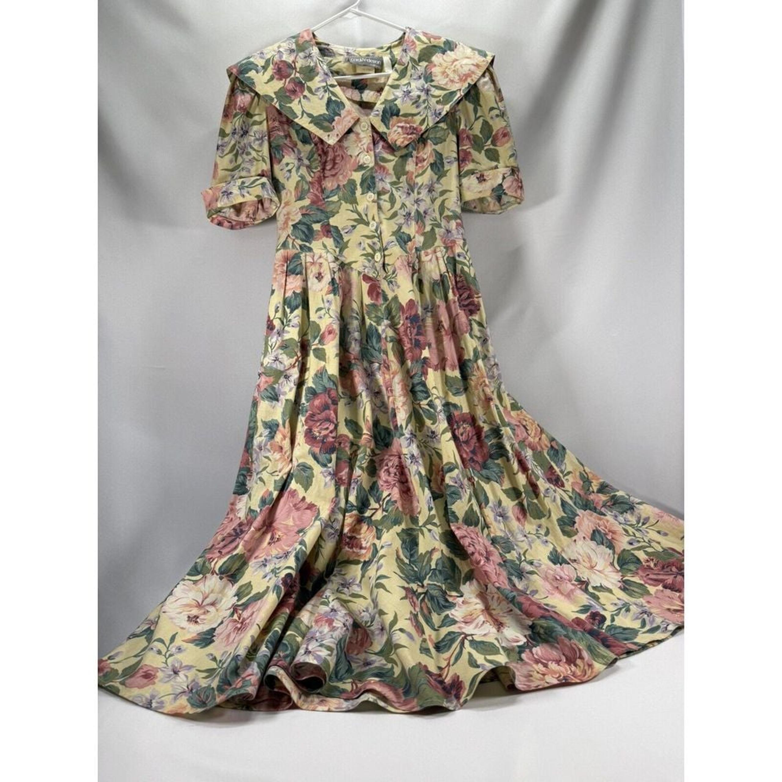 Vintage Carol Anderson California Floral Dress Yellow Size M Cottage Core USA