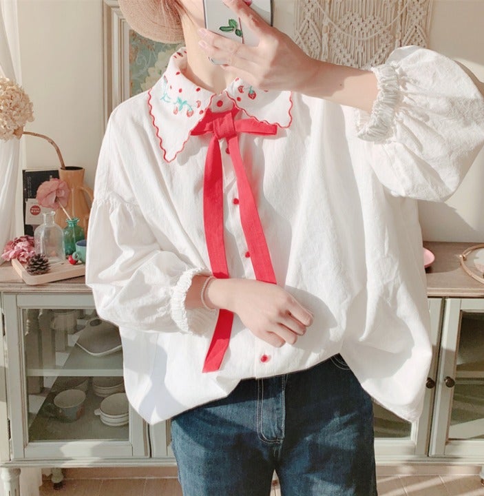 Oversized Shirt Embroidered Collar Bow