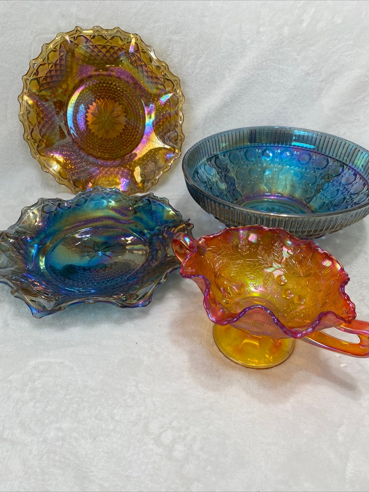 Carnival Glass Indiana Windsor Iridescent Marigold, Blue, Orange/red 4pc As Is