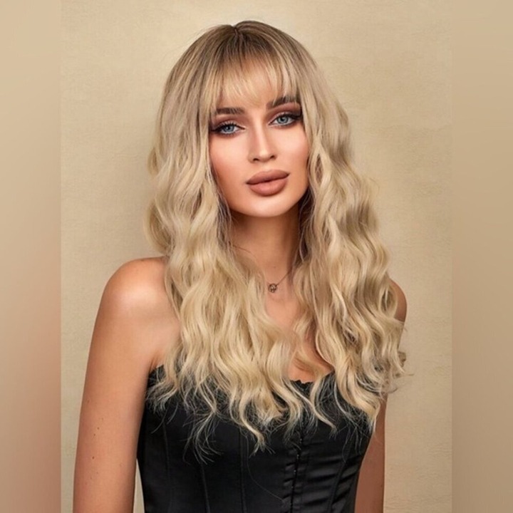 Balayage light Blonde Curly Wig With bangs