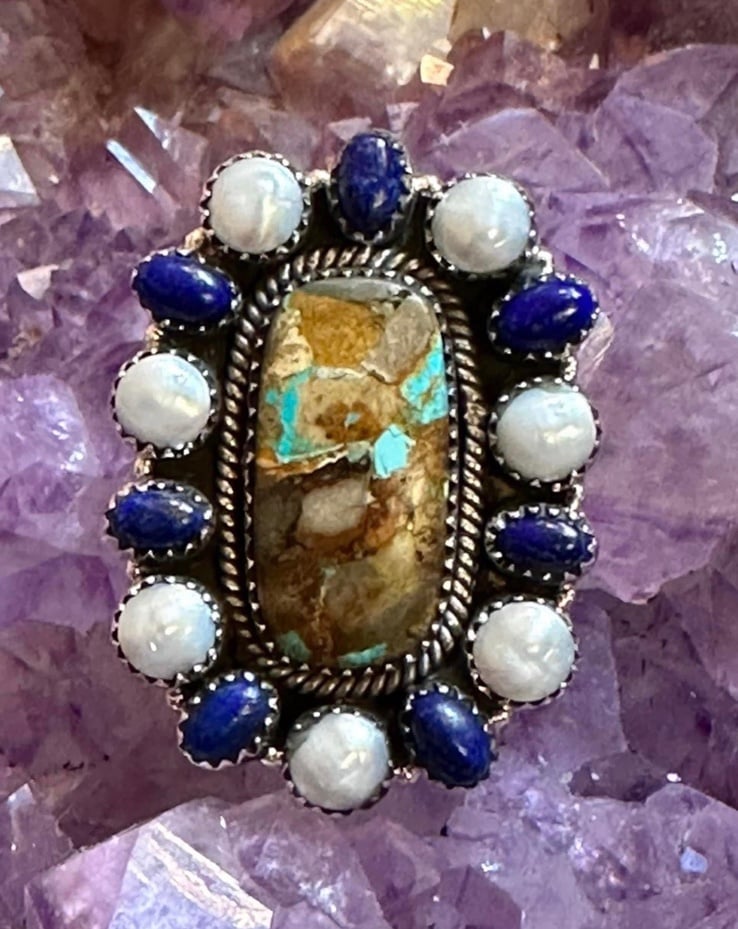 Turquoise lapis pearl sterling silver adjustable ring