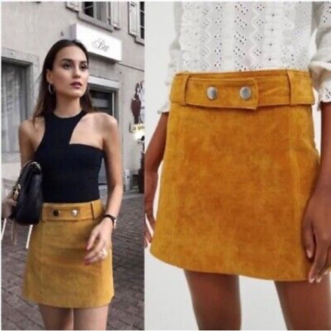 ZARA | NWT Mustard Suede Leather Belted Mini Skirt Size Small Blogger Favorite