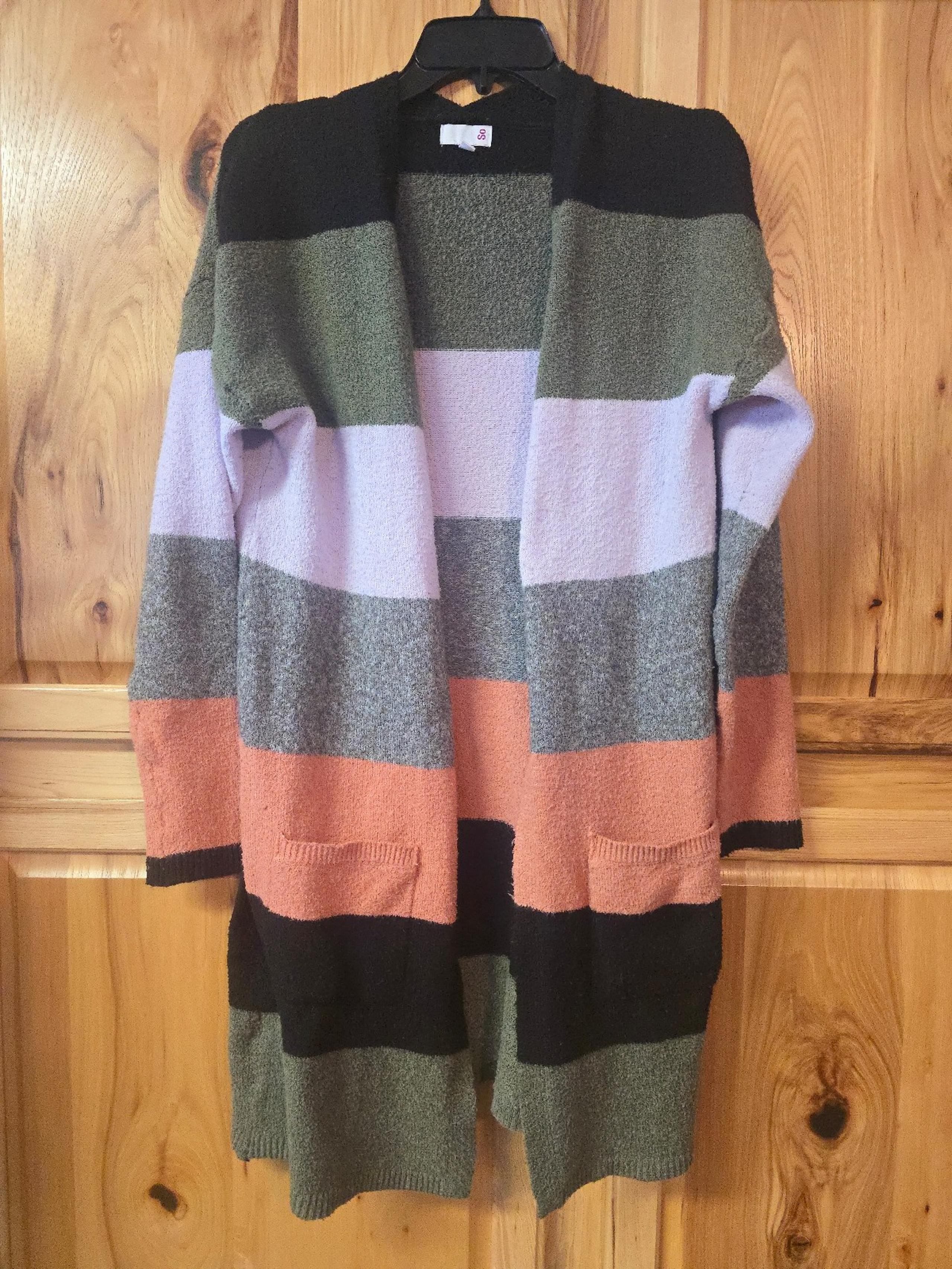 SO Cardigan Sweater Multi Stripe Long Open Front Knit Crochet Size Medium (R)