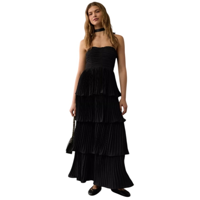 New American Eagle Womens Size XS Black Strappy Tiered Pleated Maxi Dress